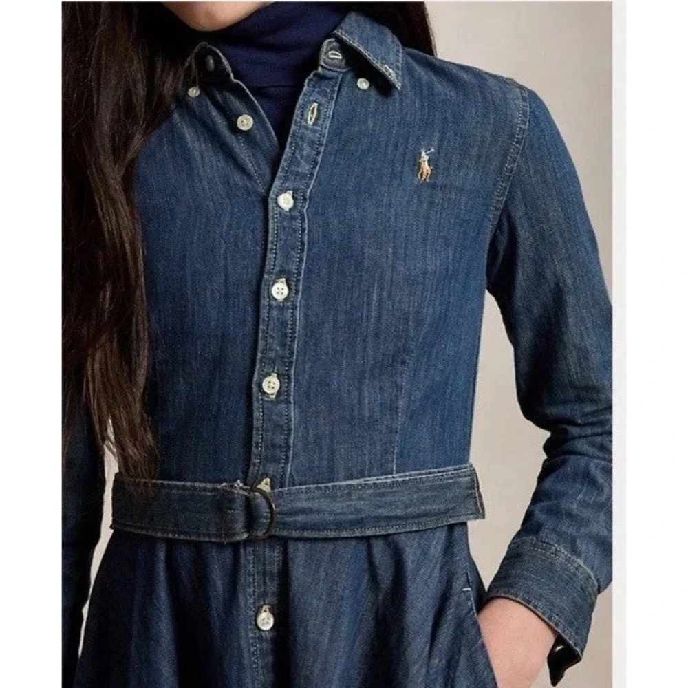 Girls Polo Ralph Lauren Denim Belted Shirt Dress Size 12 Size Western